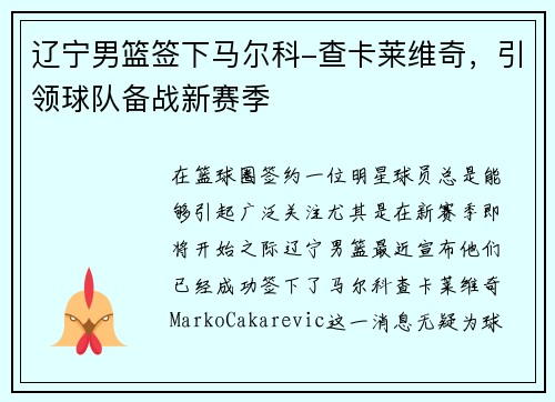 辽宁男篮签下马尔科-查卡莱维奇，引领球队备战新赛季